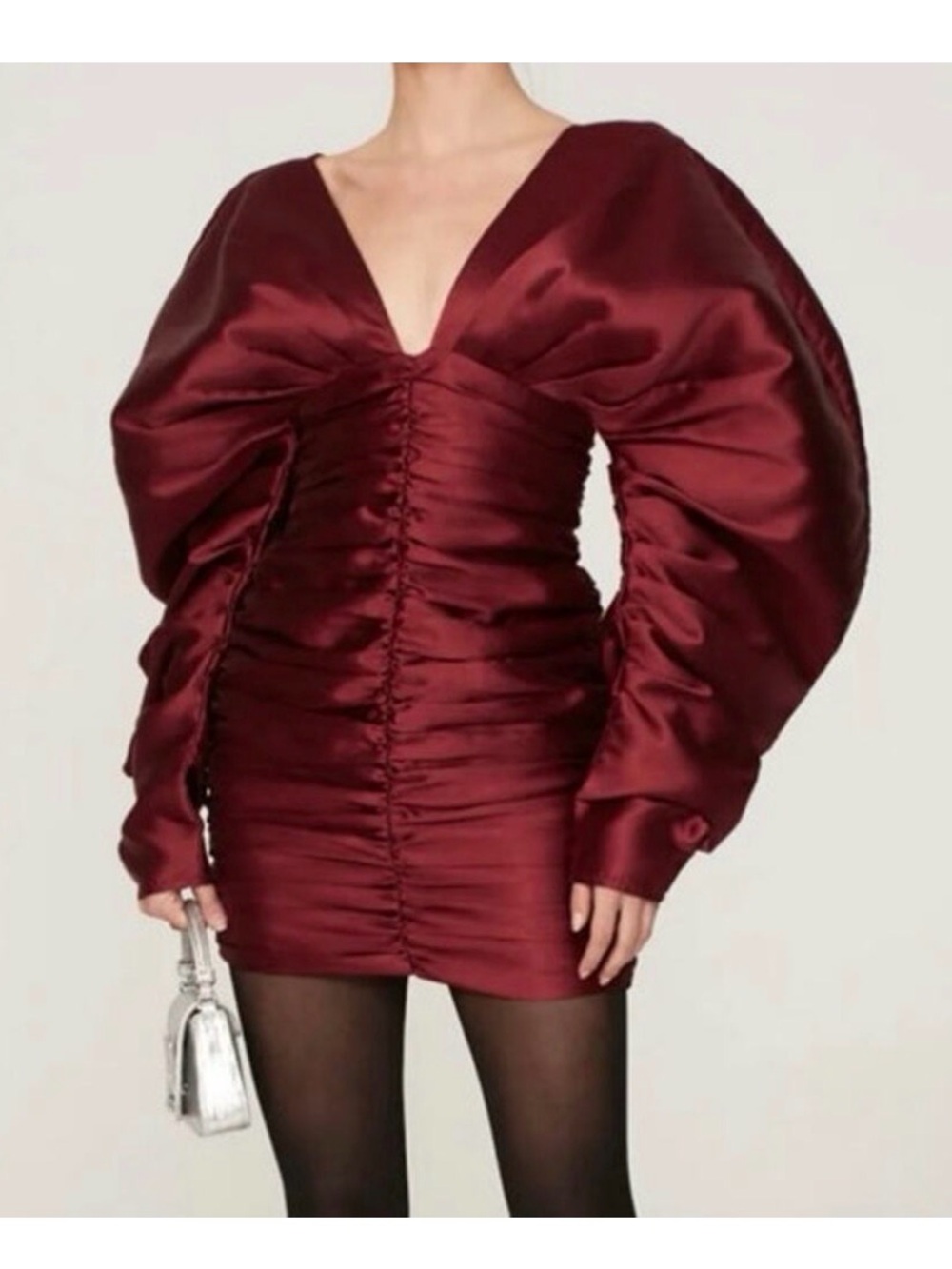 Aliette Satin Ruched Deep V Cocktail Top — Rich Burgundy